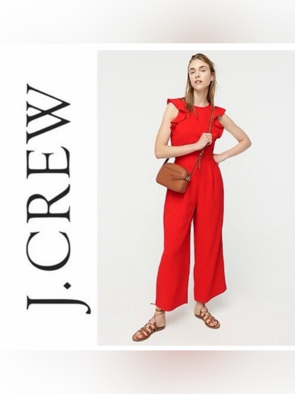 J. Crew Bright Red Ruffle-Sleeve Wide-Leg Jumpsuit